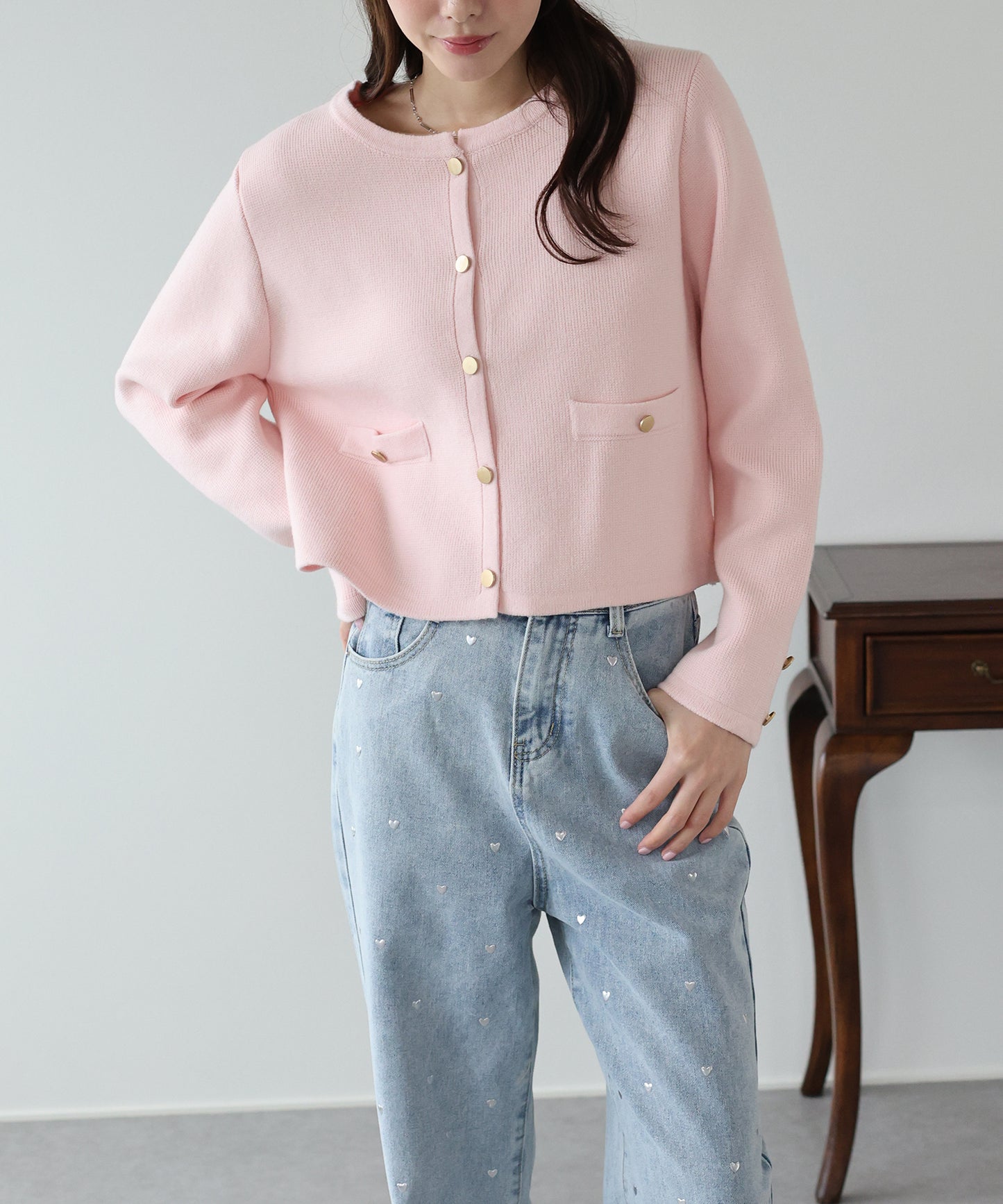 金ボタンノーカラーニットジャケット