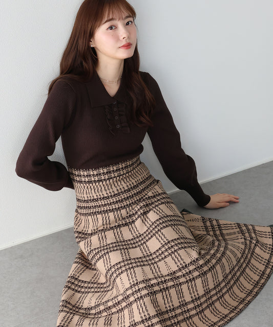 《選べる着丈》ポロカラーフリルニットワンピース