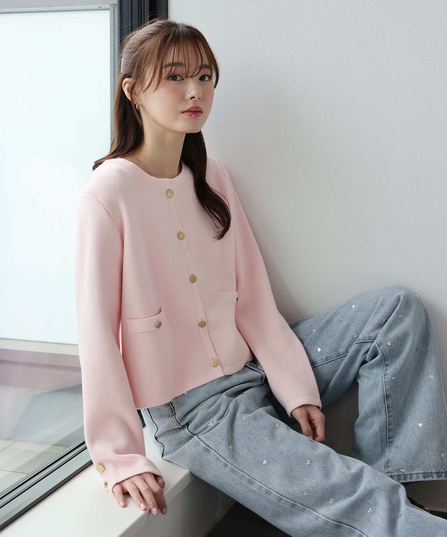 金ボタンノーカラーニットジャケット