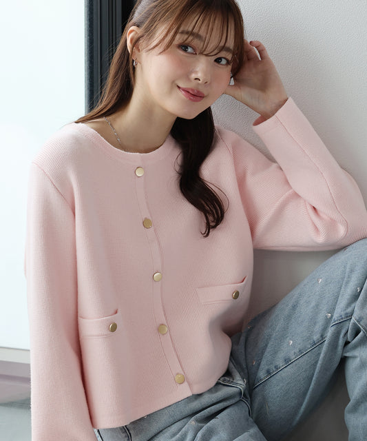 金ボタンノーカラーニットジャケット