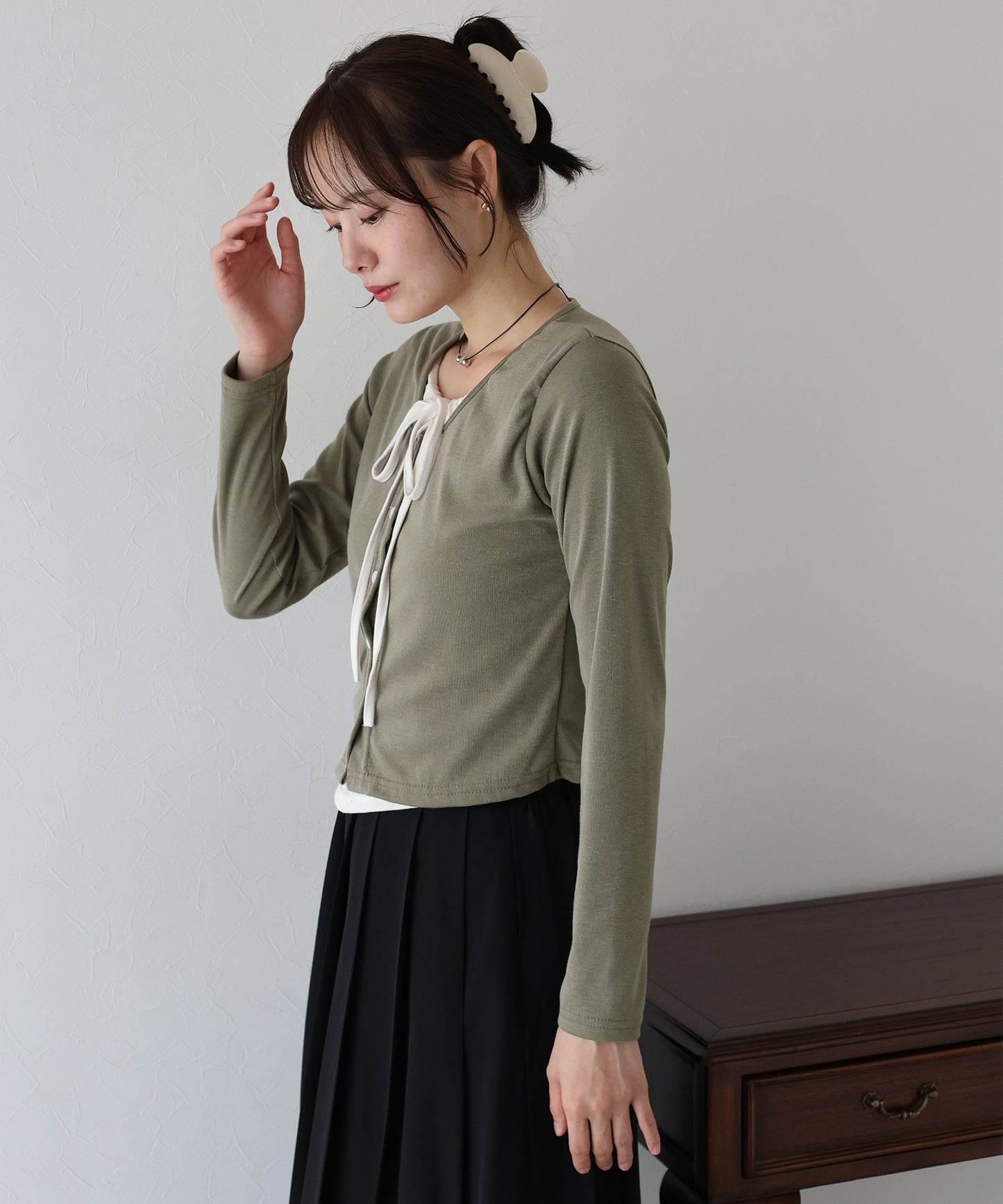 【早割5％OFF】リボン付きレイヤード風トップス