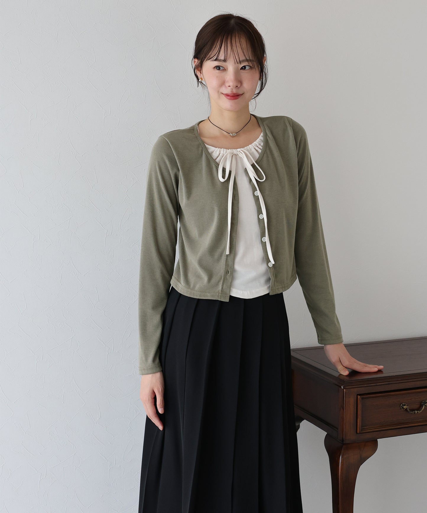 【早割5％OFF】リボン付きレイヤード風トップス