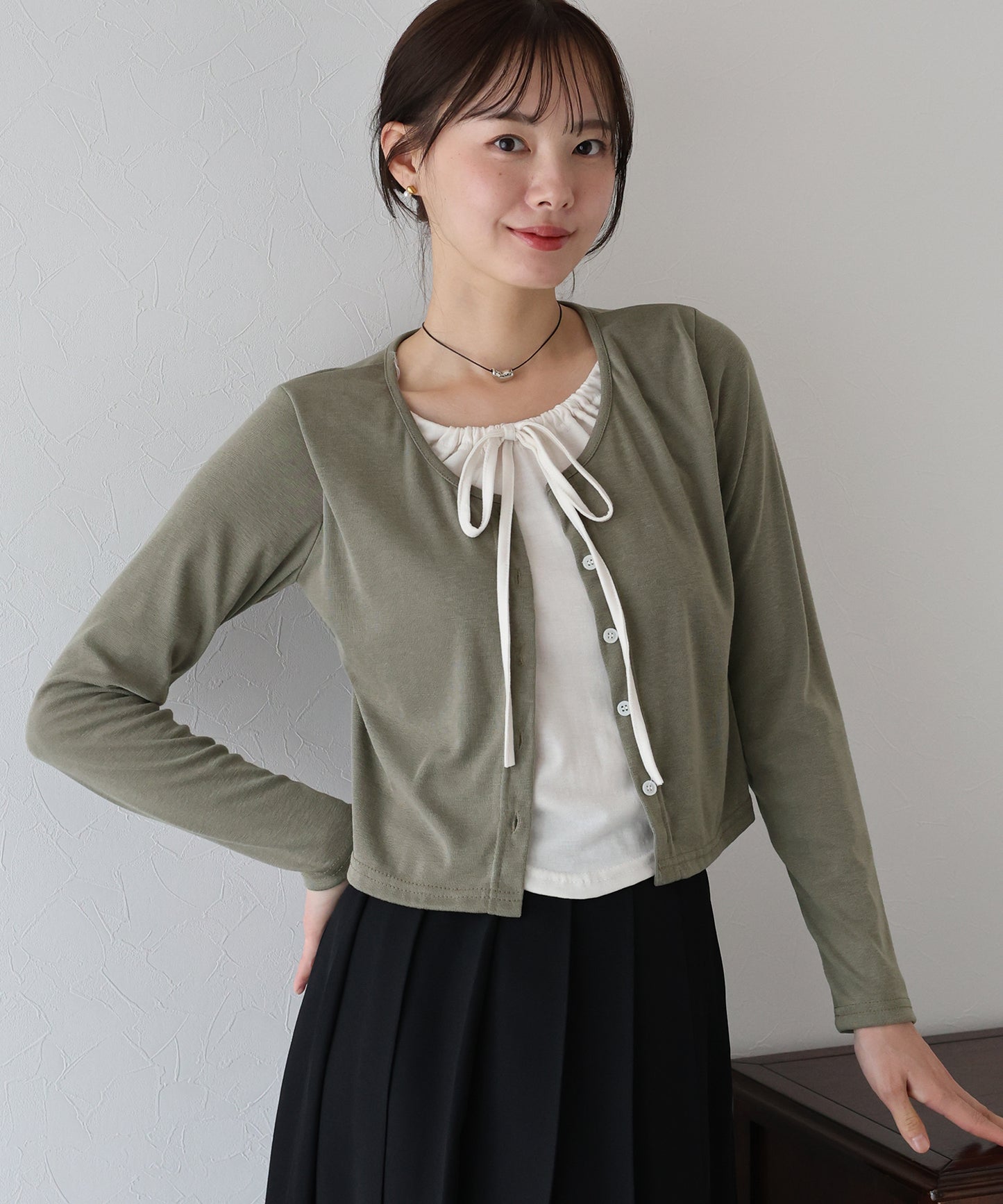 【早割5％OFF】リボン付きレイヤード風トップス