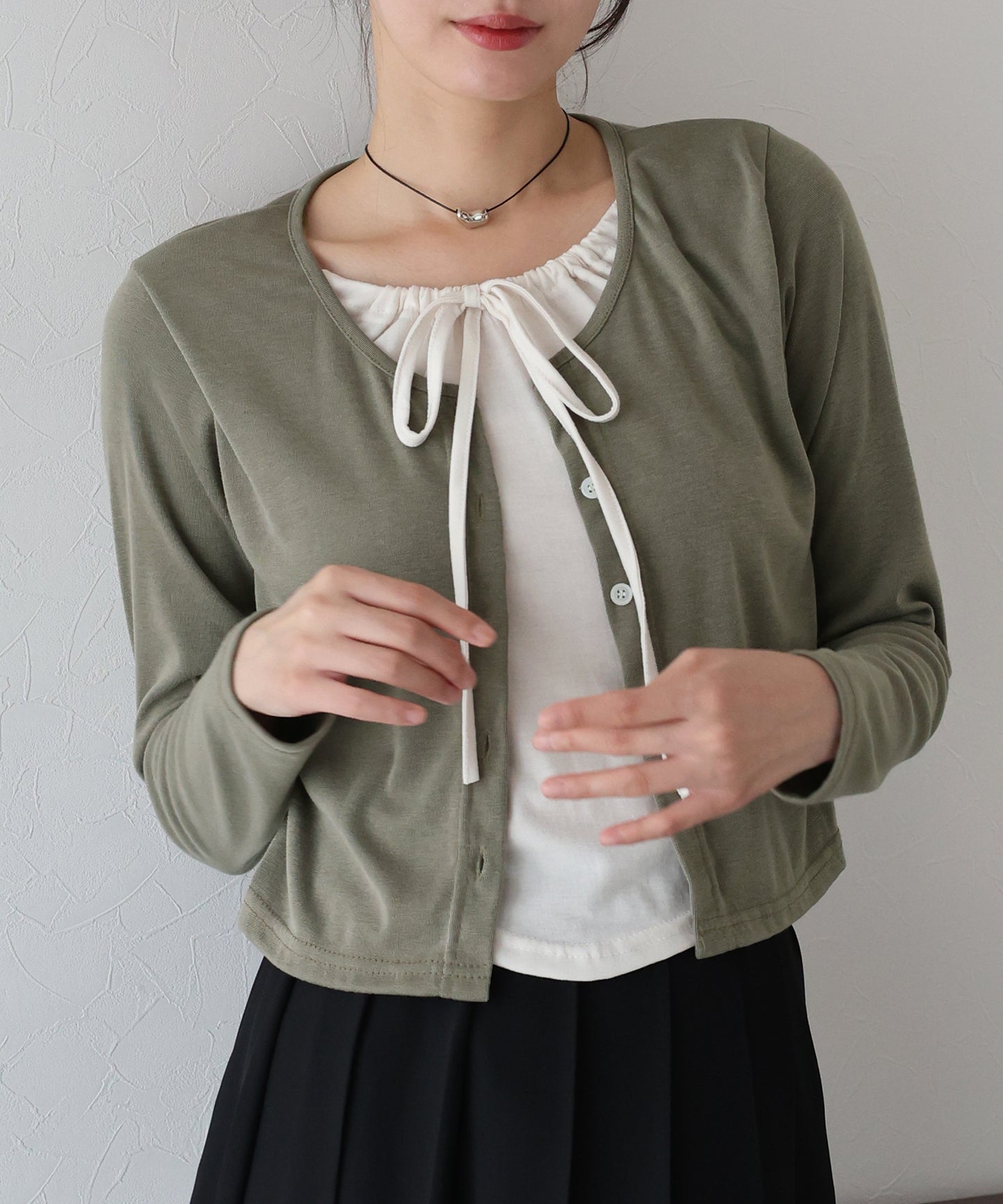 【早割5％OFF】リボン付きレイヤード風トップス