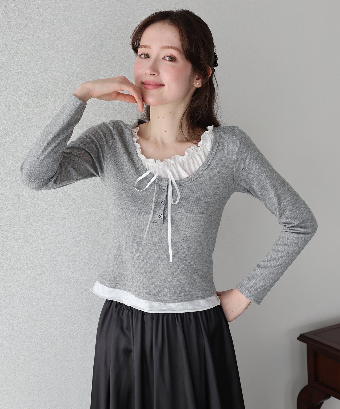 【早割5％OFF】ギャザーリボンレイヤードTシャツ【ネコポス】