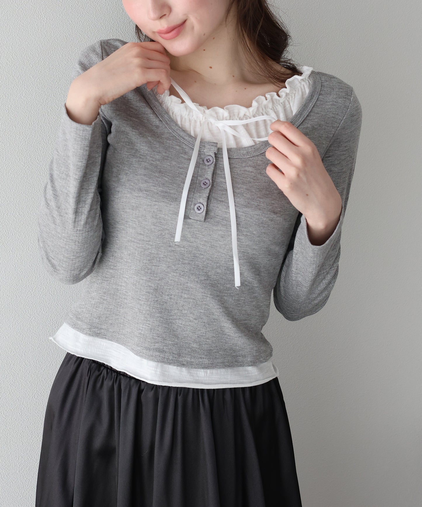 【早割5％OFF】ギャザーリボンレイヤードTシャツ【ネコポス】
