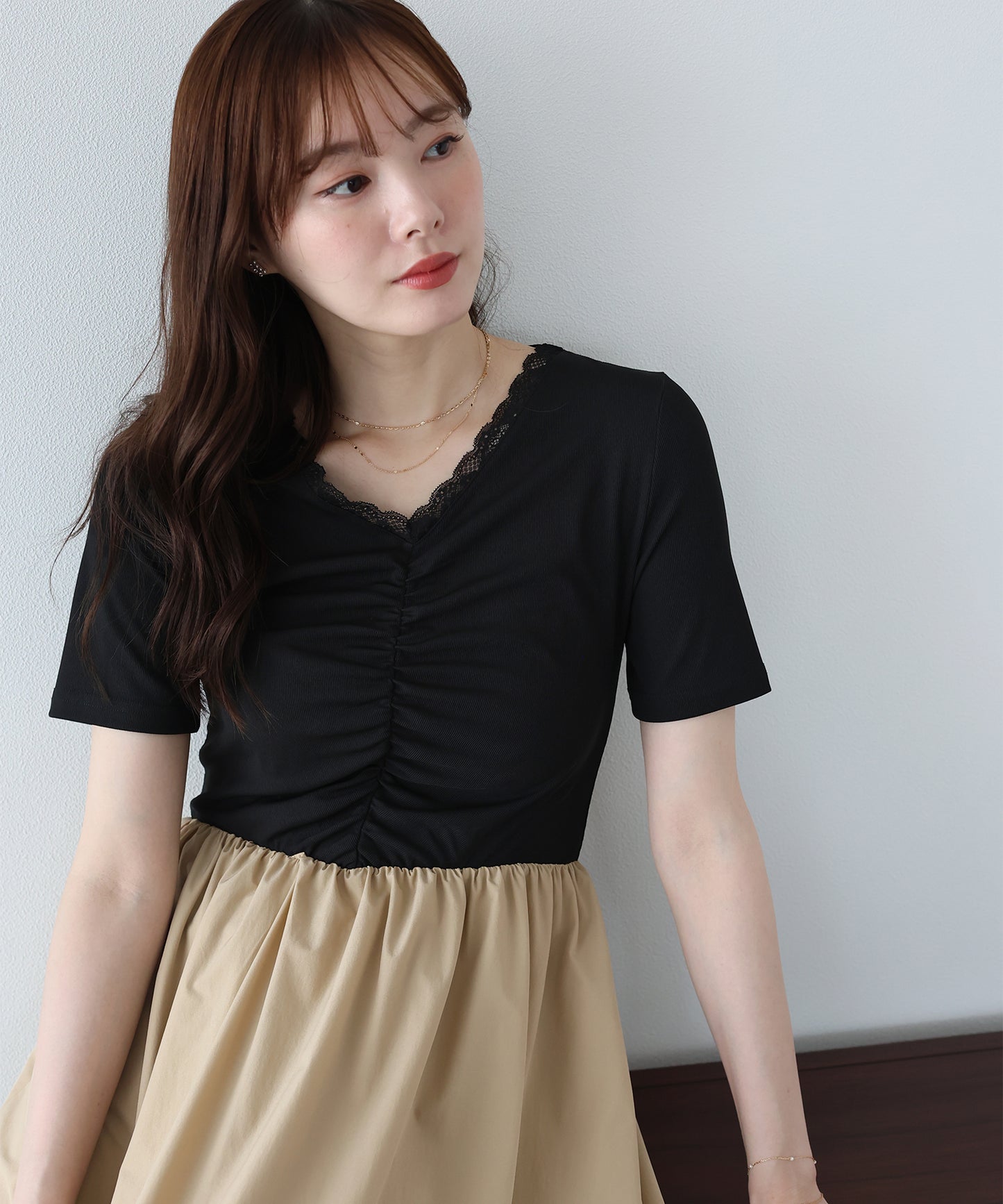 【SALE】フロントシャーリングドッキングワンピース