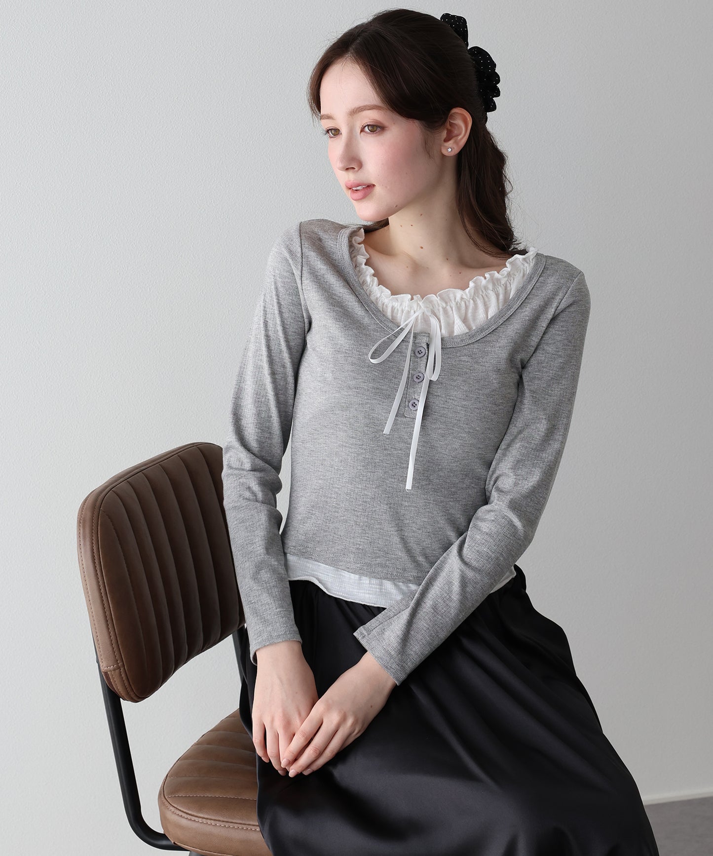 【早割5％OFF】ギャザーリボンレイヤードTシャツ【ネコポス】