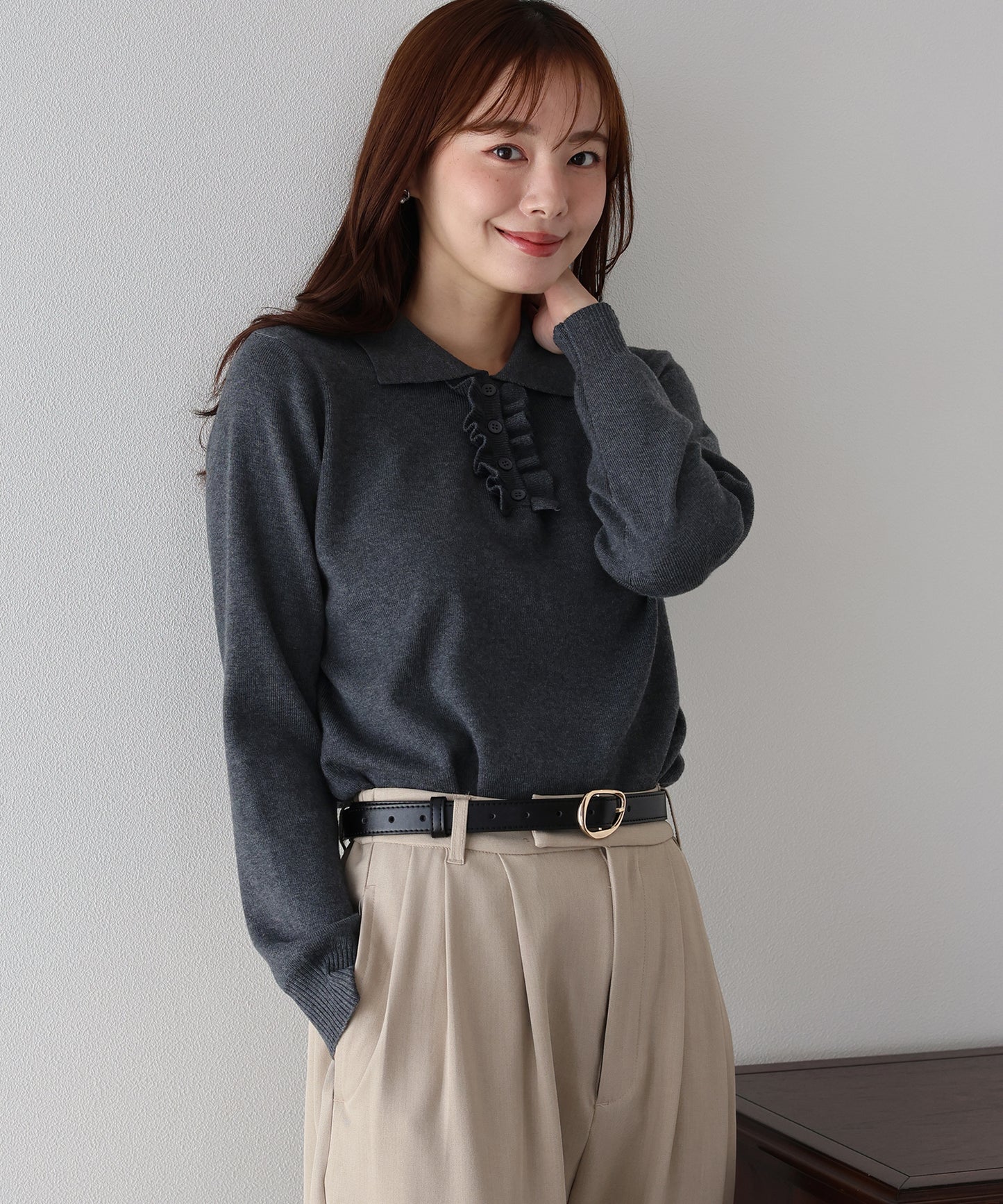 ウール混フロントフリルポロニット