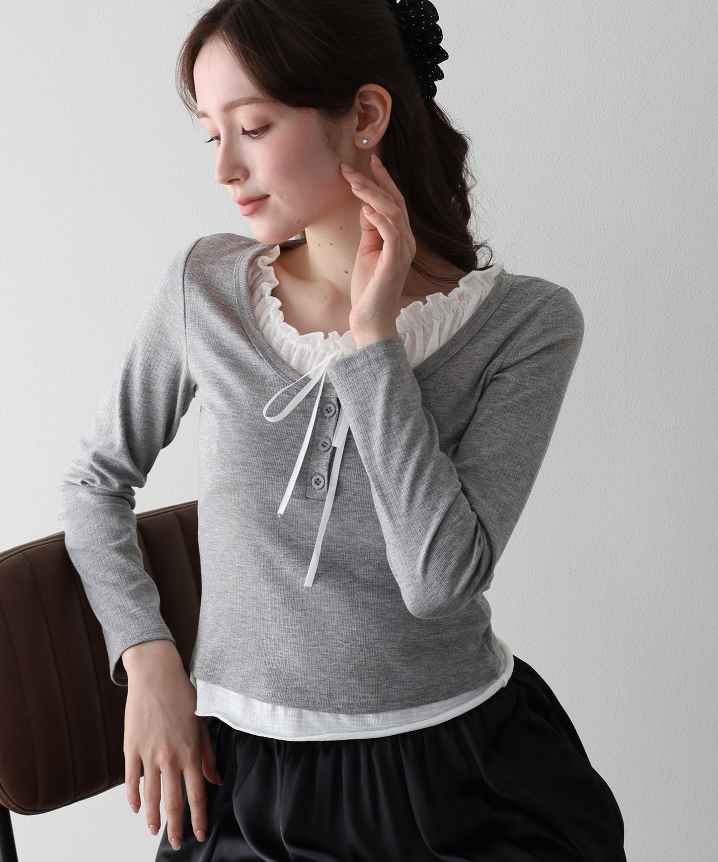 【早割5％OFF】ギャザーリボンレイヤードTシャツ【ネコポス】