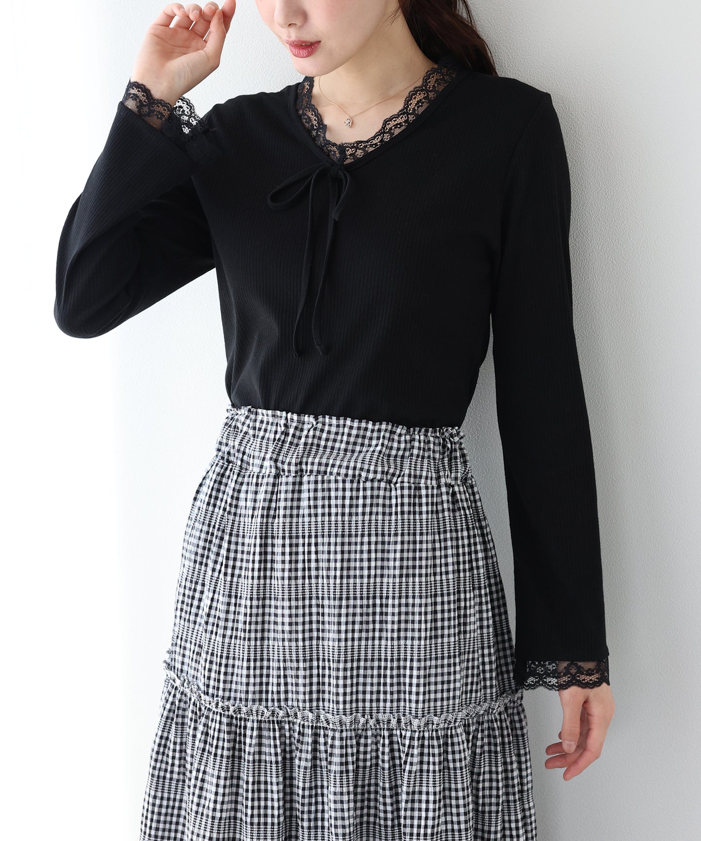 【早割5％OFF】レースドッキングリブカットソー【ネコポス】