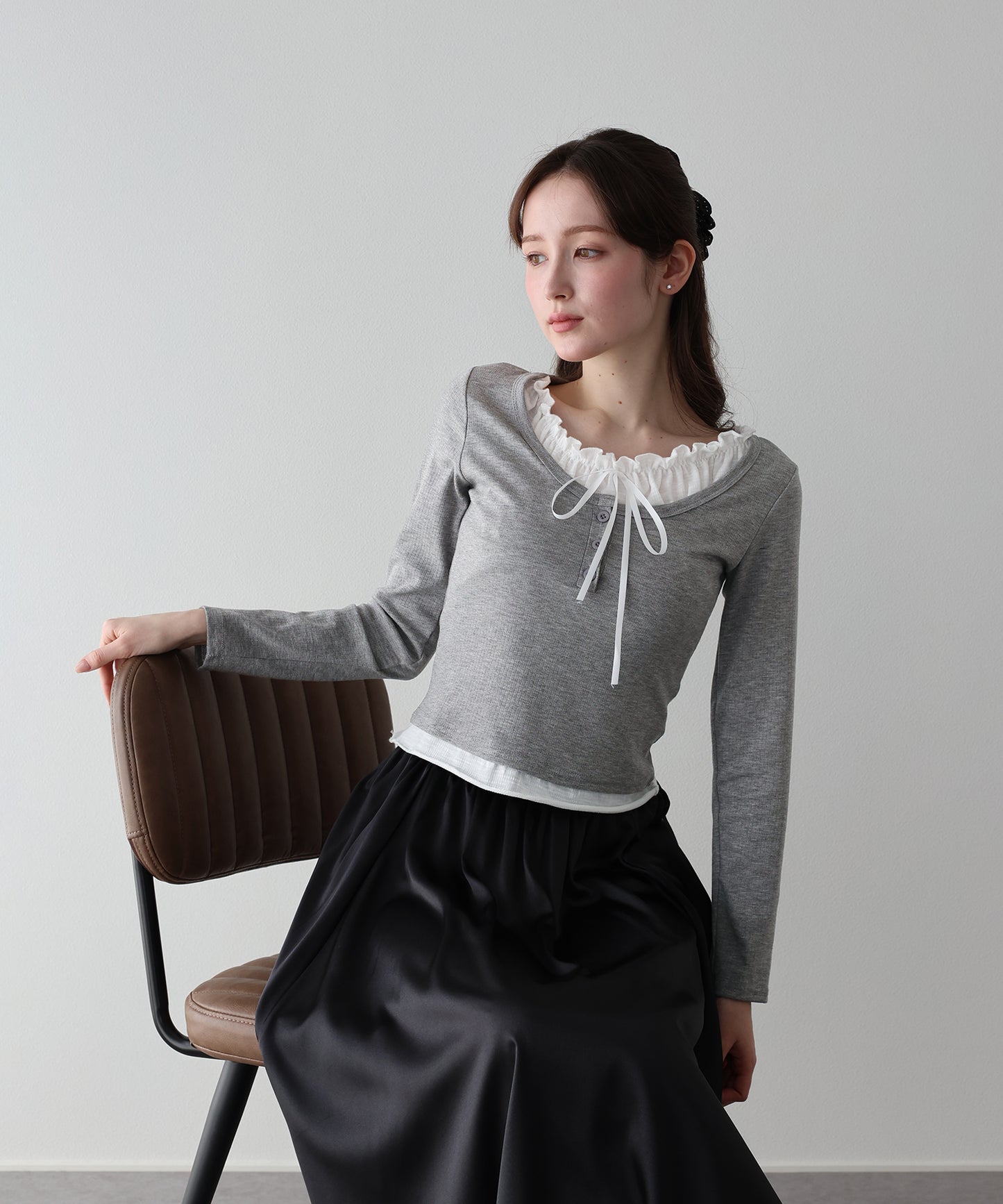 【早割5％OFF】ギャザーリボンレイヤードTシャツ【ネコポス】