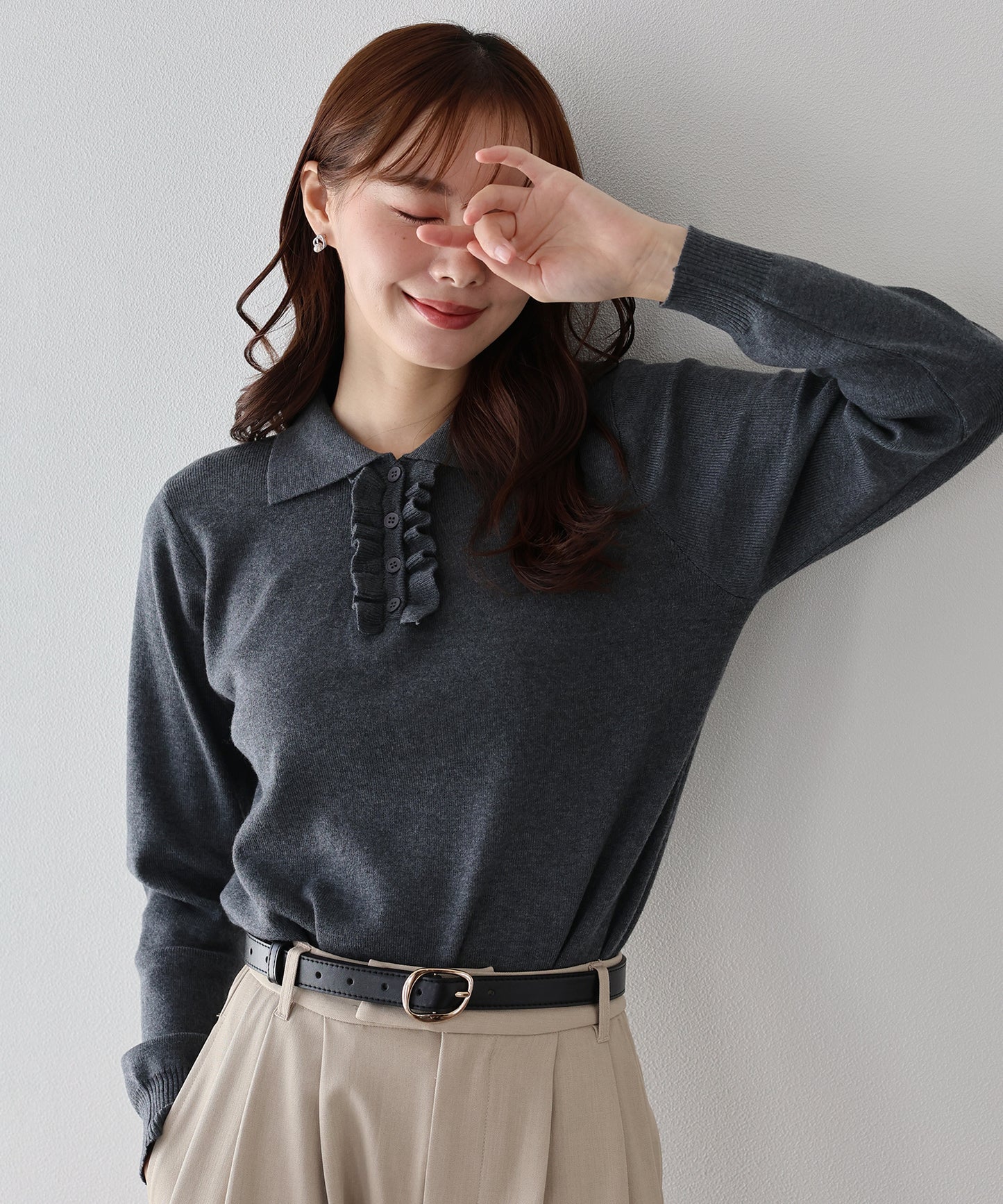 ウール混フロントフリルポロニット