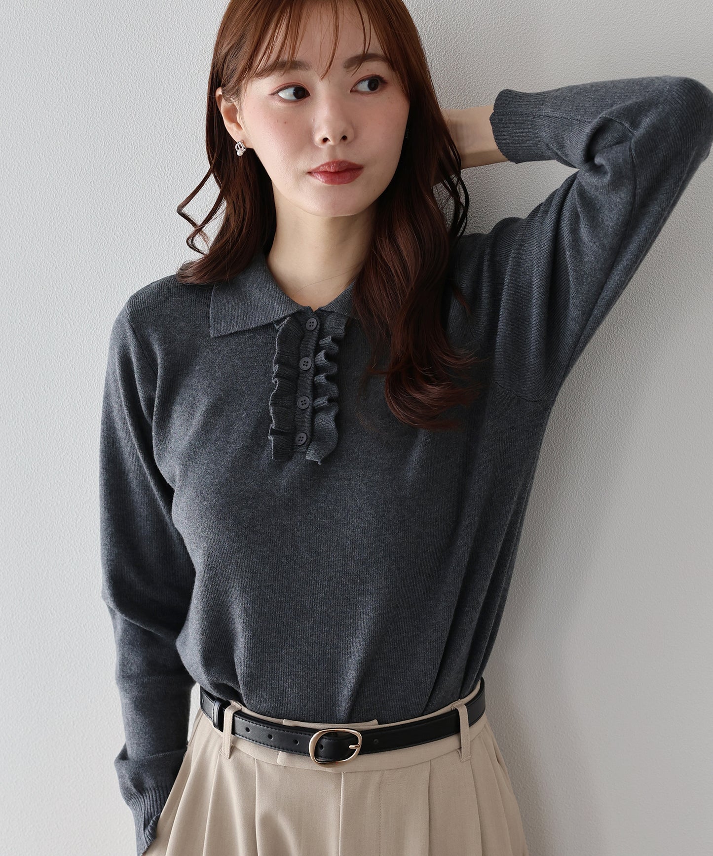 ウール混フロントフリルポロニット