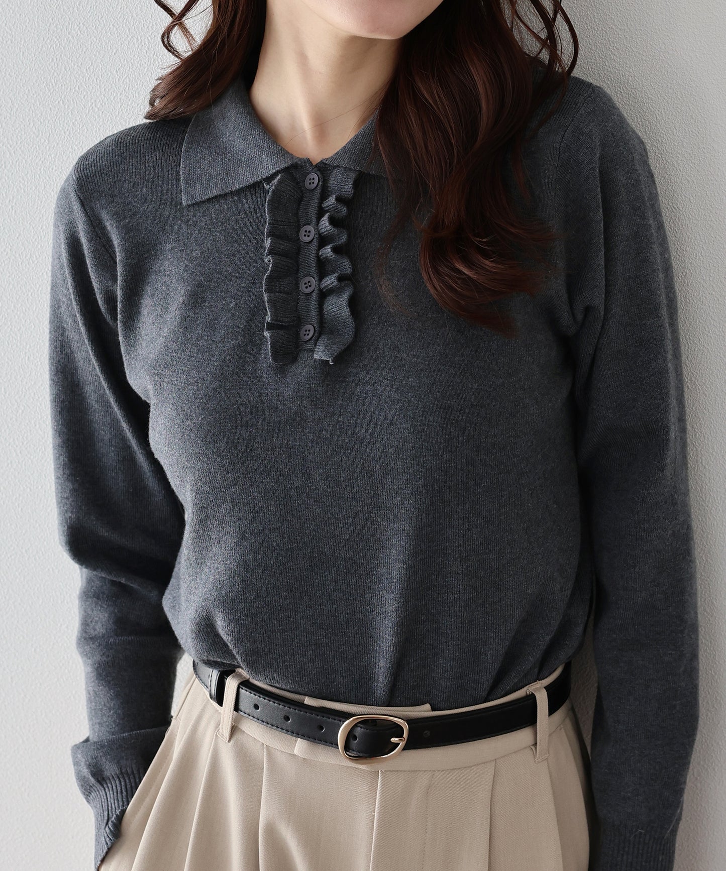 ウール混フロントフリルポロニット