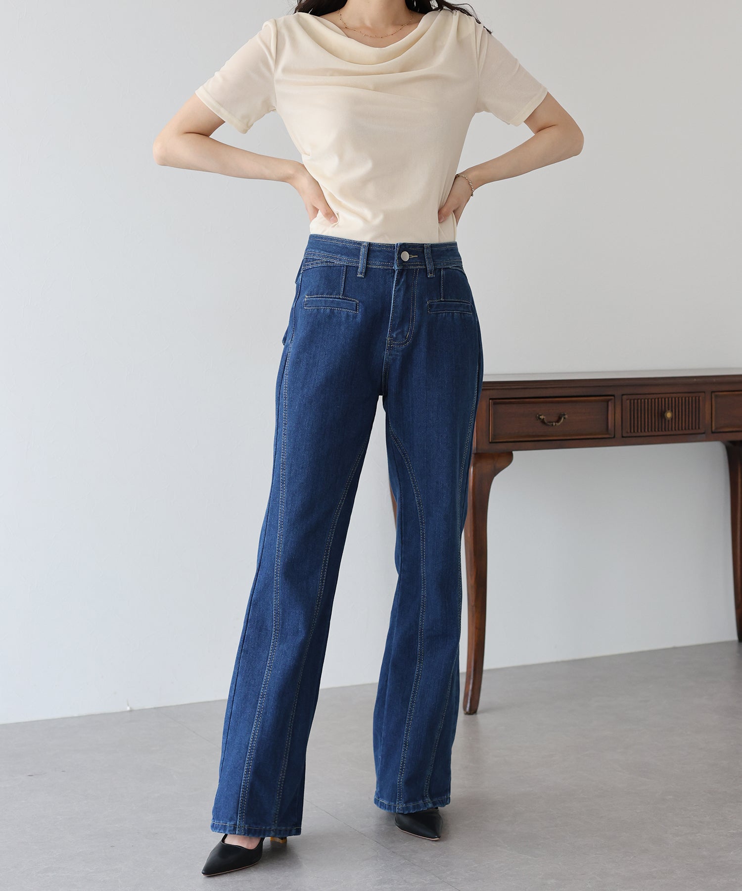新品 ナイスクラップ バックリボン ハイウエスト デニム パンツ 新作 サイズ展開あり】Backリボンデニム | レディースファッション