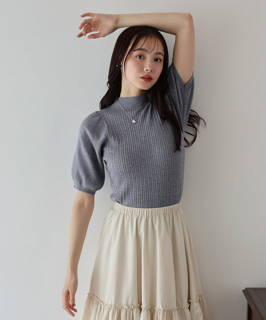 【SALE】パフスリーブ半袖ミニケーブルニット