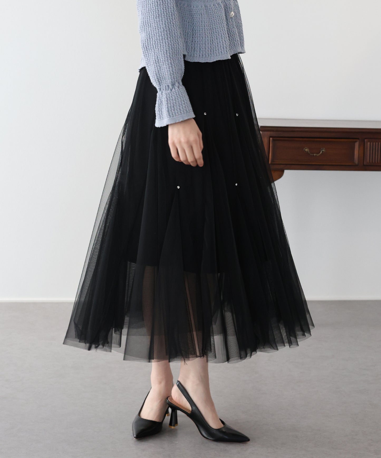 ビジュー付きチュールスカート