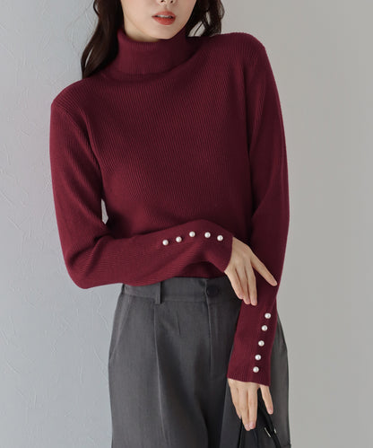 【TIME SALE】袖パールボタンタートルネックニット