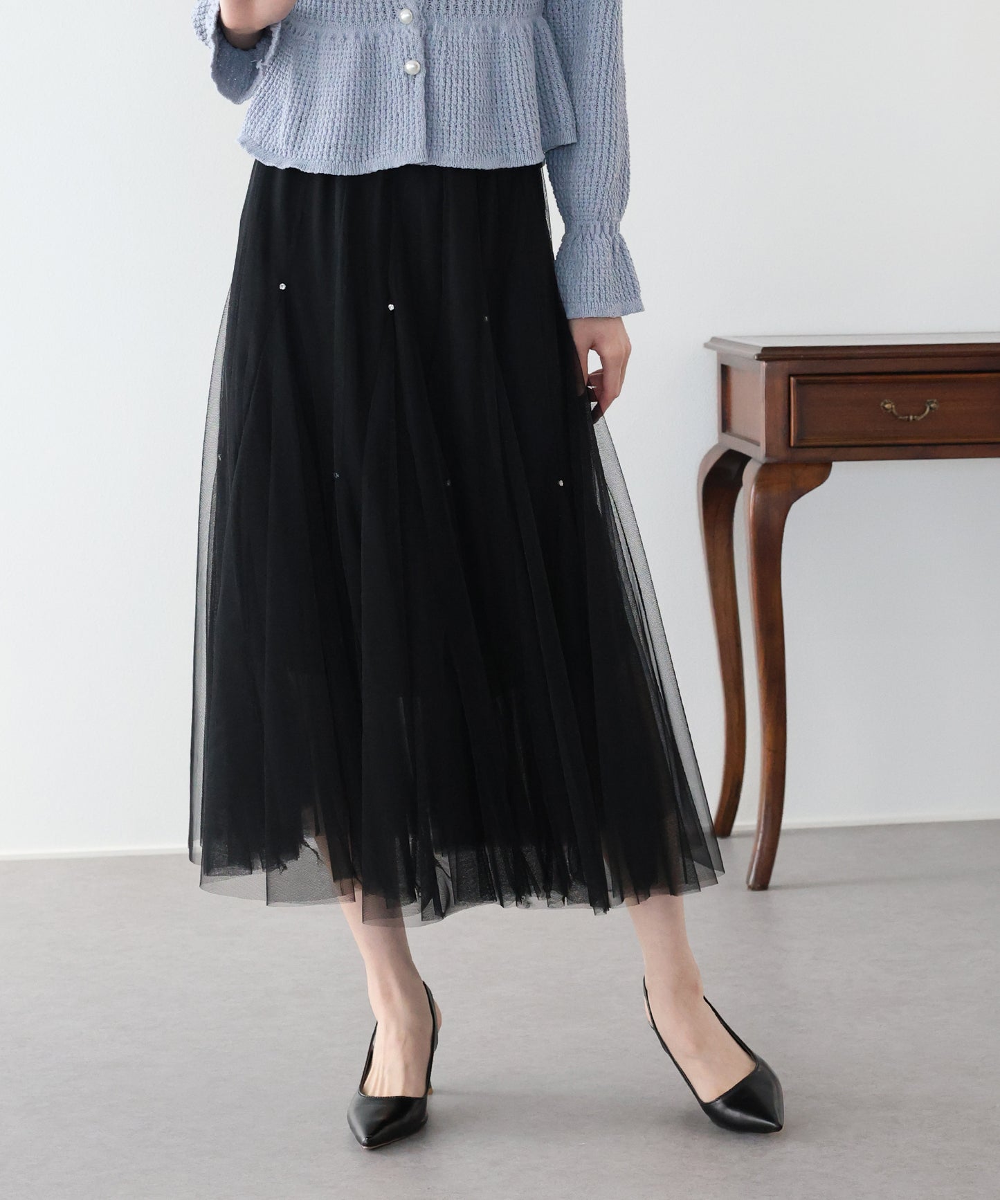 ビジュー付きチュールスカート