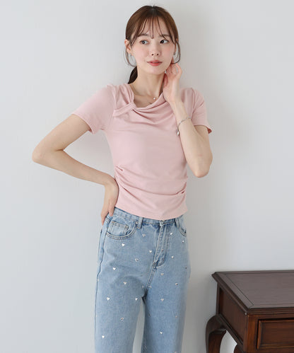 【SALE】半袖アシメドレープTシャツ【ネコポス】