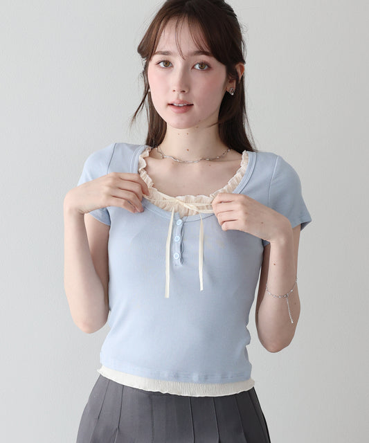 ギャザーリボンレイヤードTシャツ【メール便】