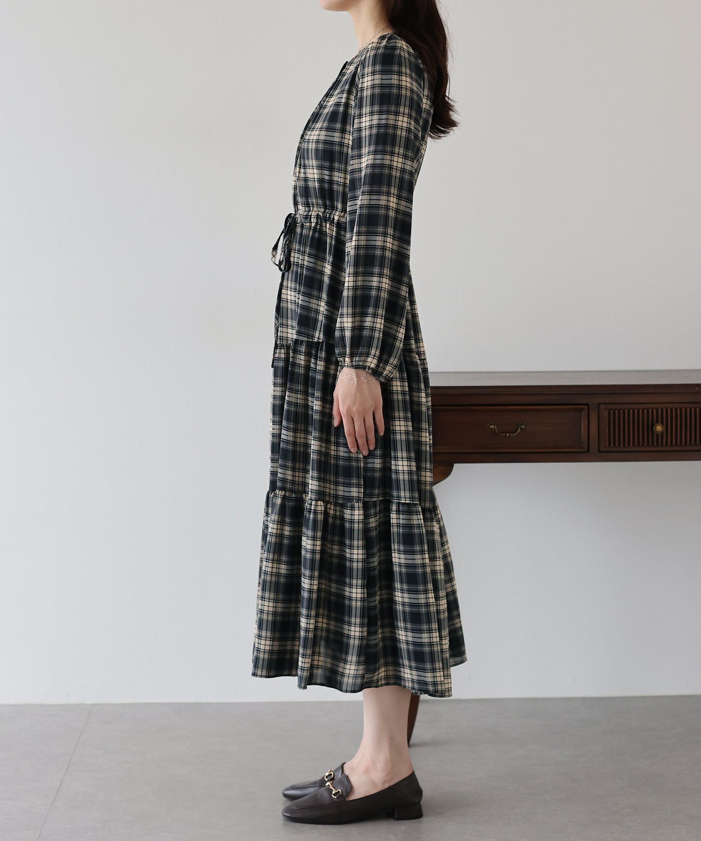 【TIME SALE】チェック長袖ワンピース
