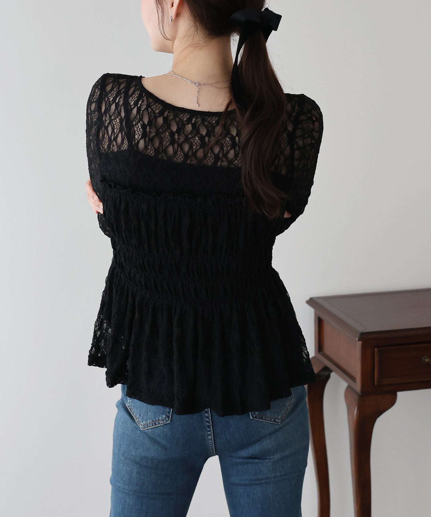 【早割5％OFF】レースペプラムシャーリングトップス【メール便】