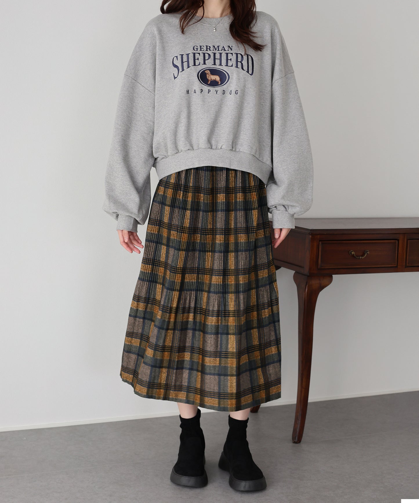 細プリーツチェックスカート