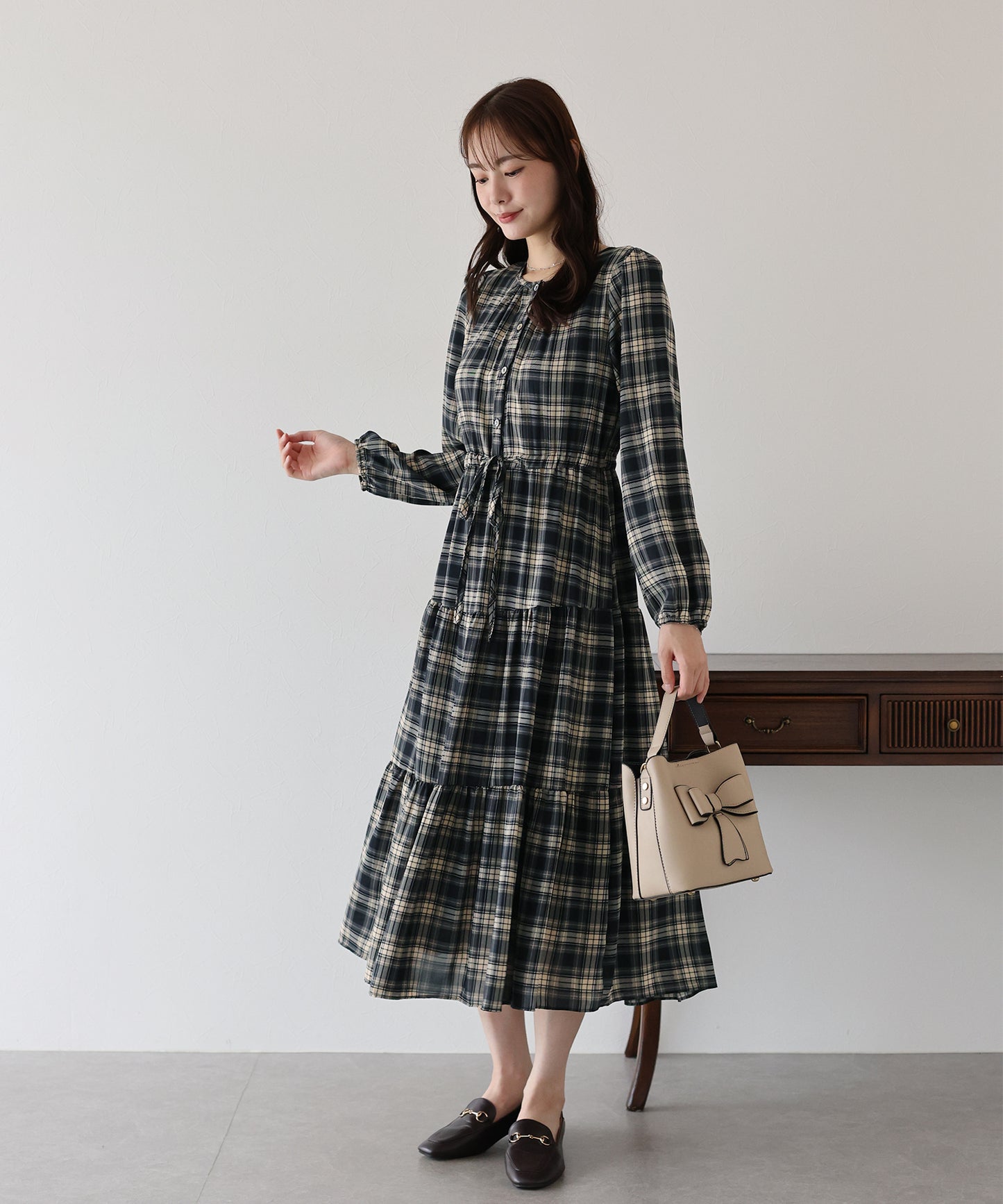 【TIME SALE】チェック長袖ワンピース