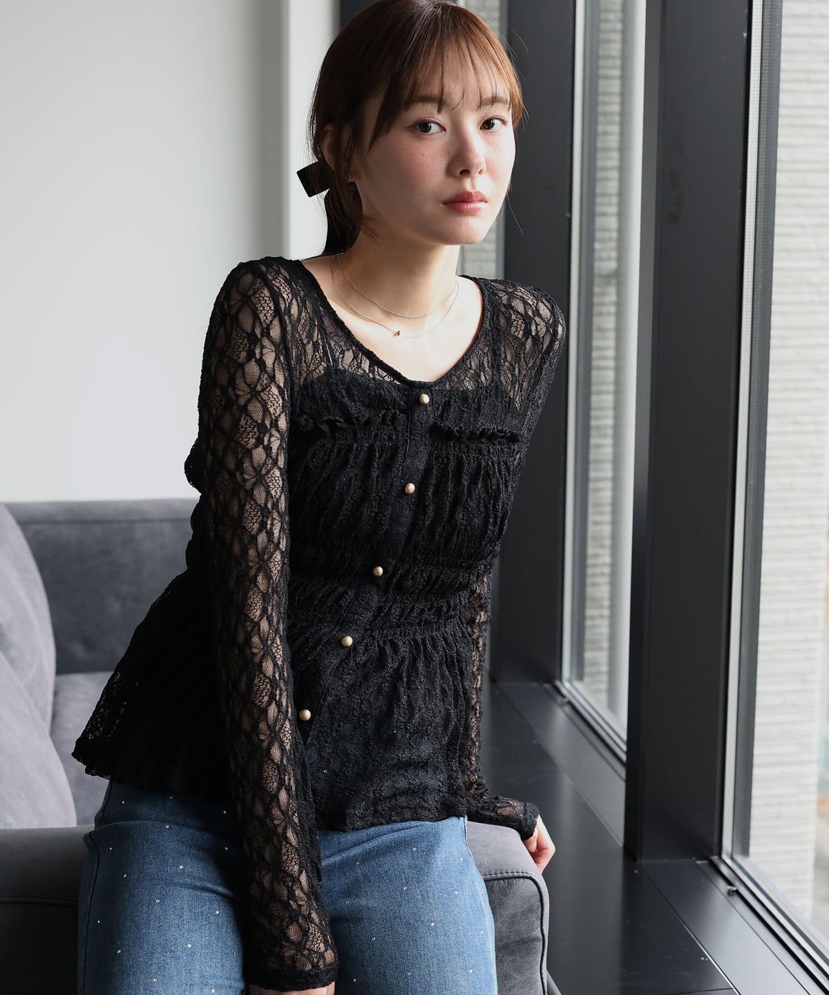 【早割5％OFF】レースペプラムシャーリングトップス【メール便】
