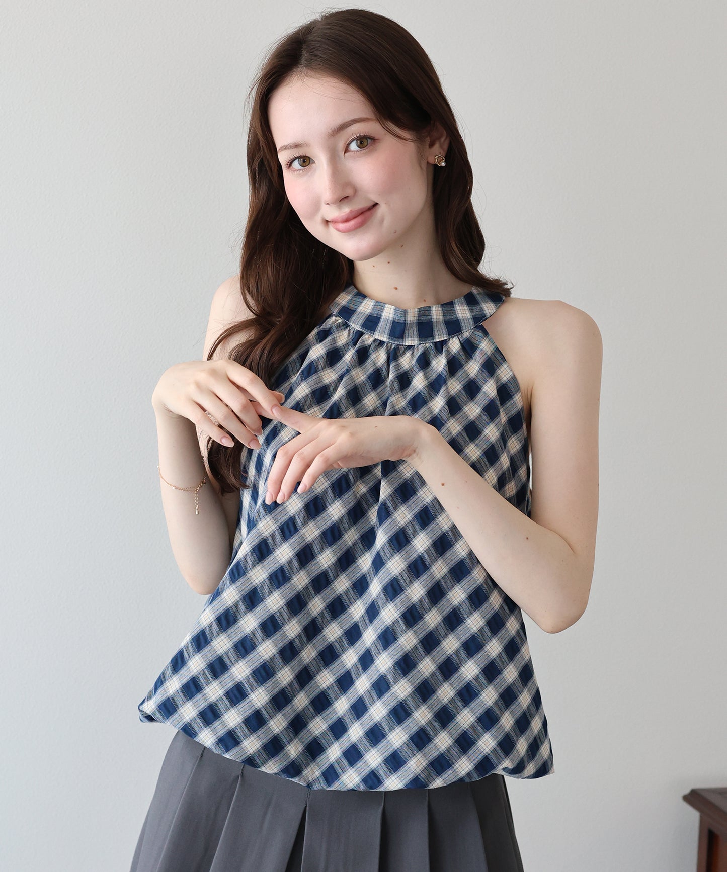 【早割5％OFF】ホルターネックチェックブラウス【メール便】