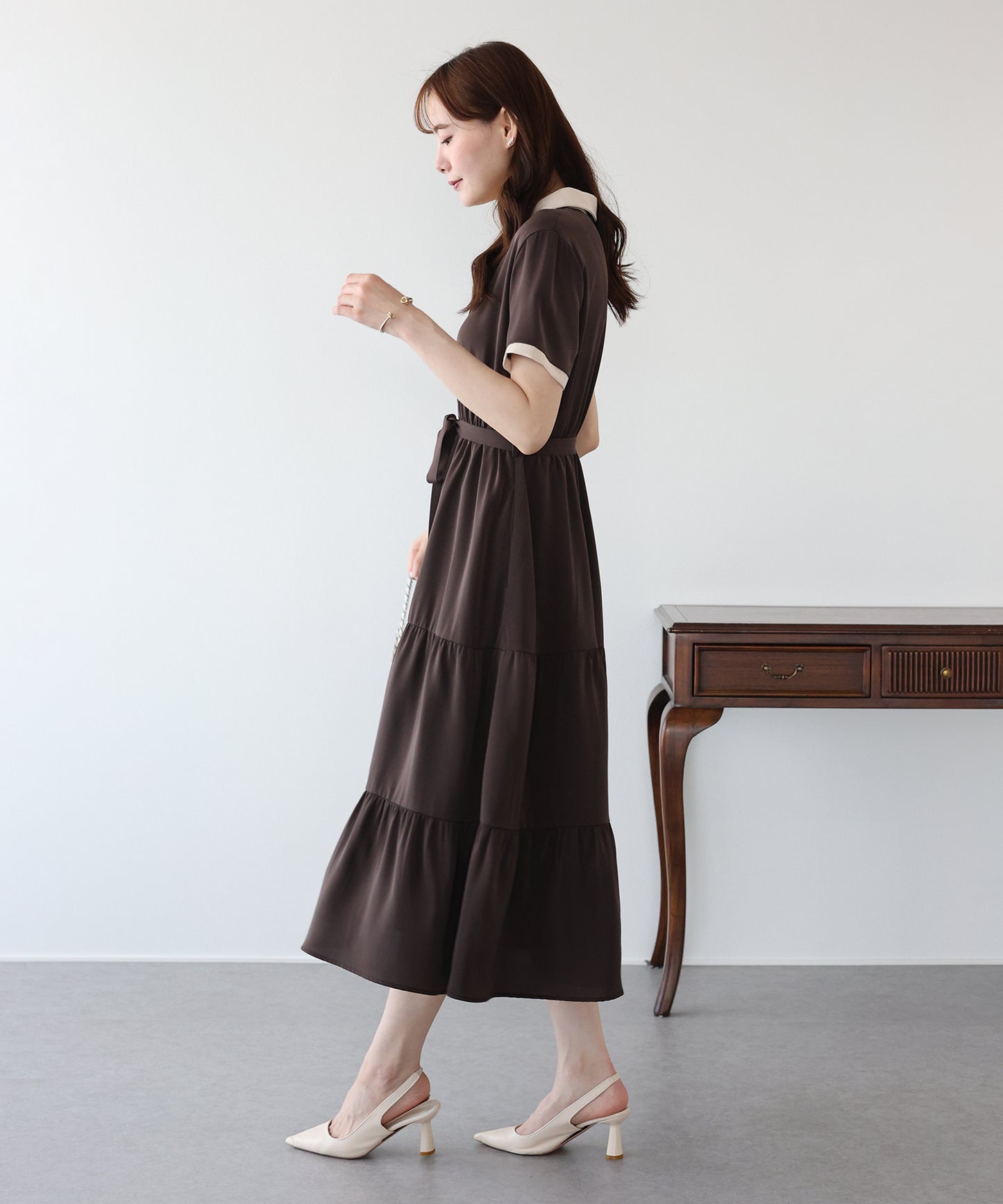 【早割5％OFF】バイカラースキッパーティアードワンピース