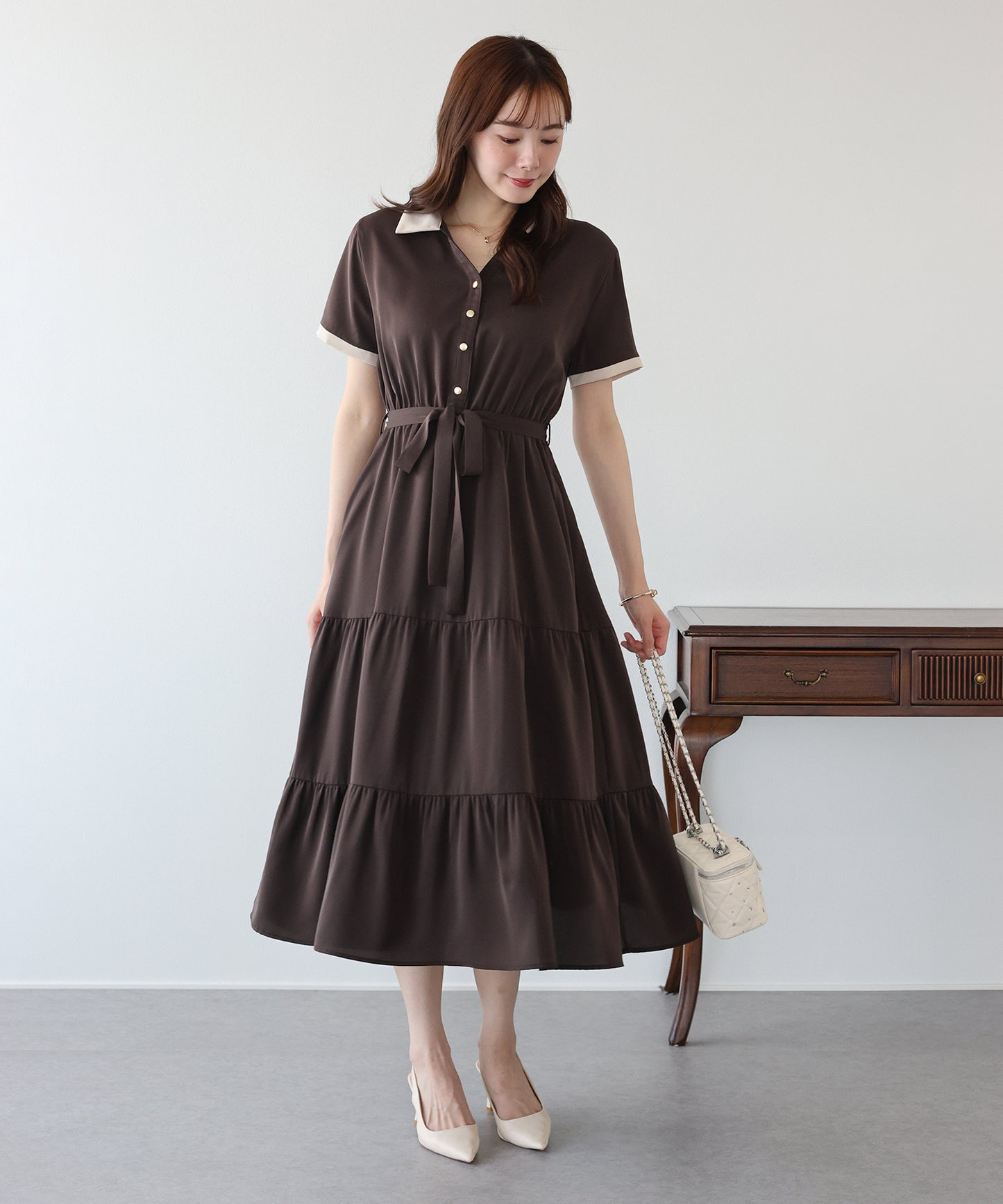 【早割5％OFF】バイカラースキッパーティアードワンピース