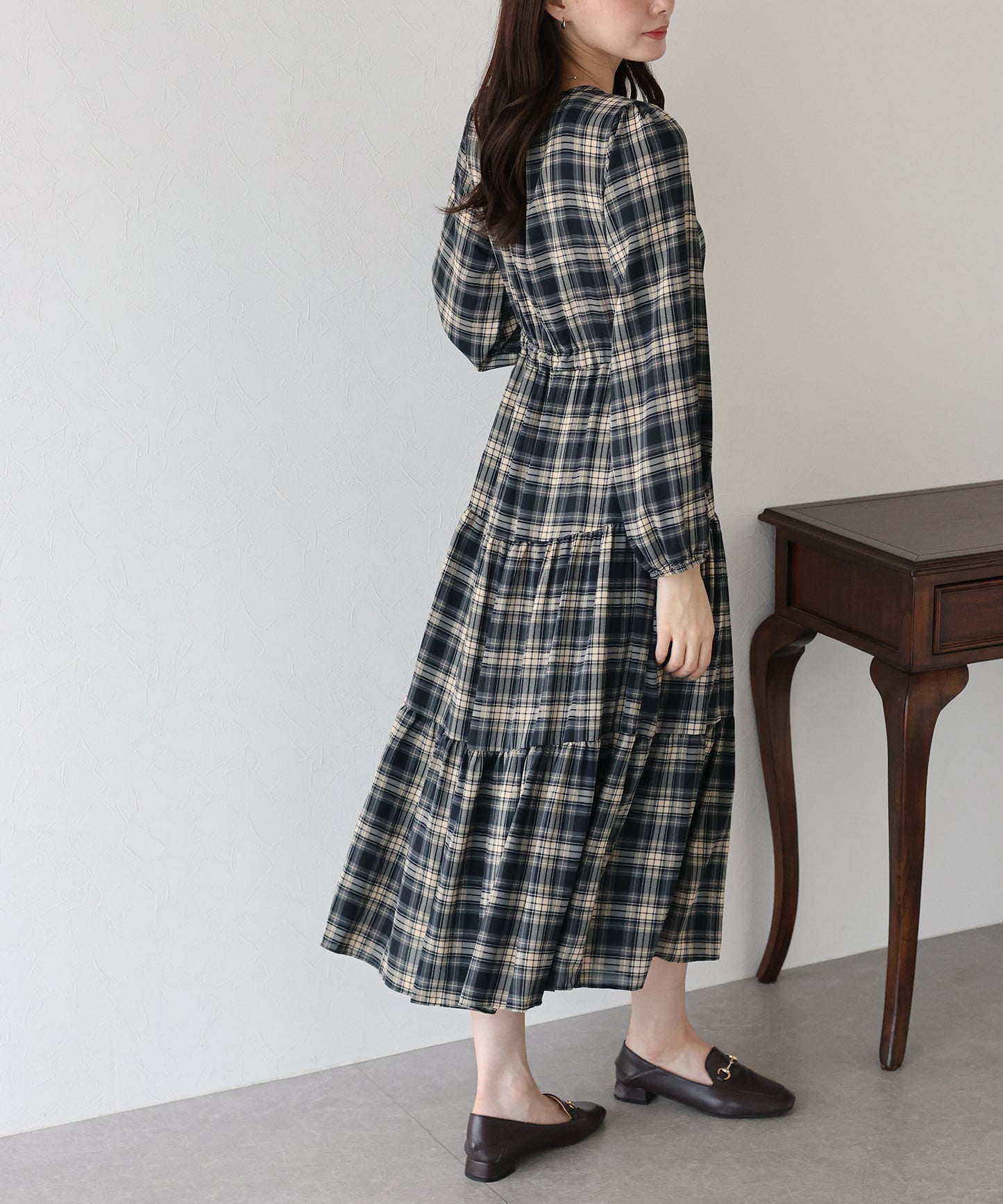 【TIME SALE】チェック長袖ワンピース