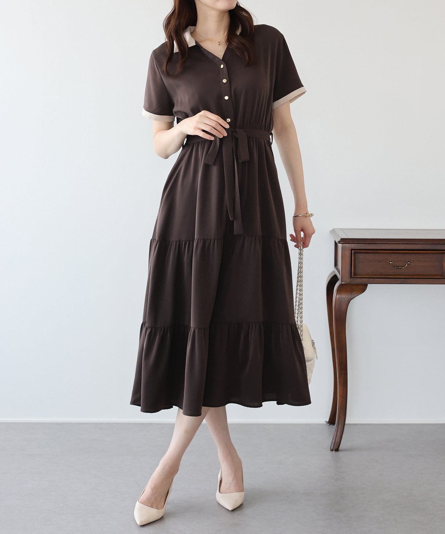 【早割5％OFF】バイカラースキッパーティアードワンピース