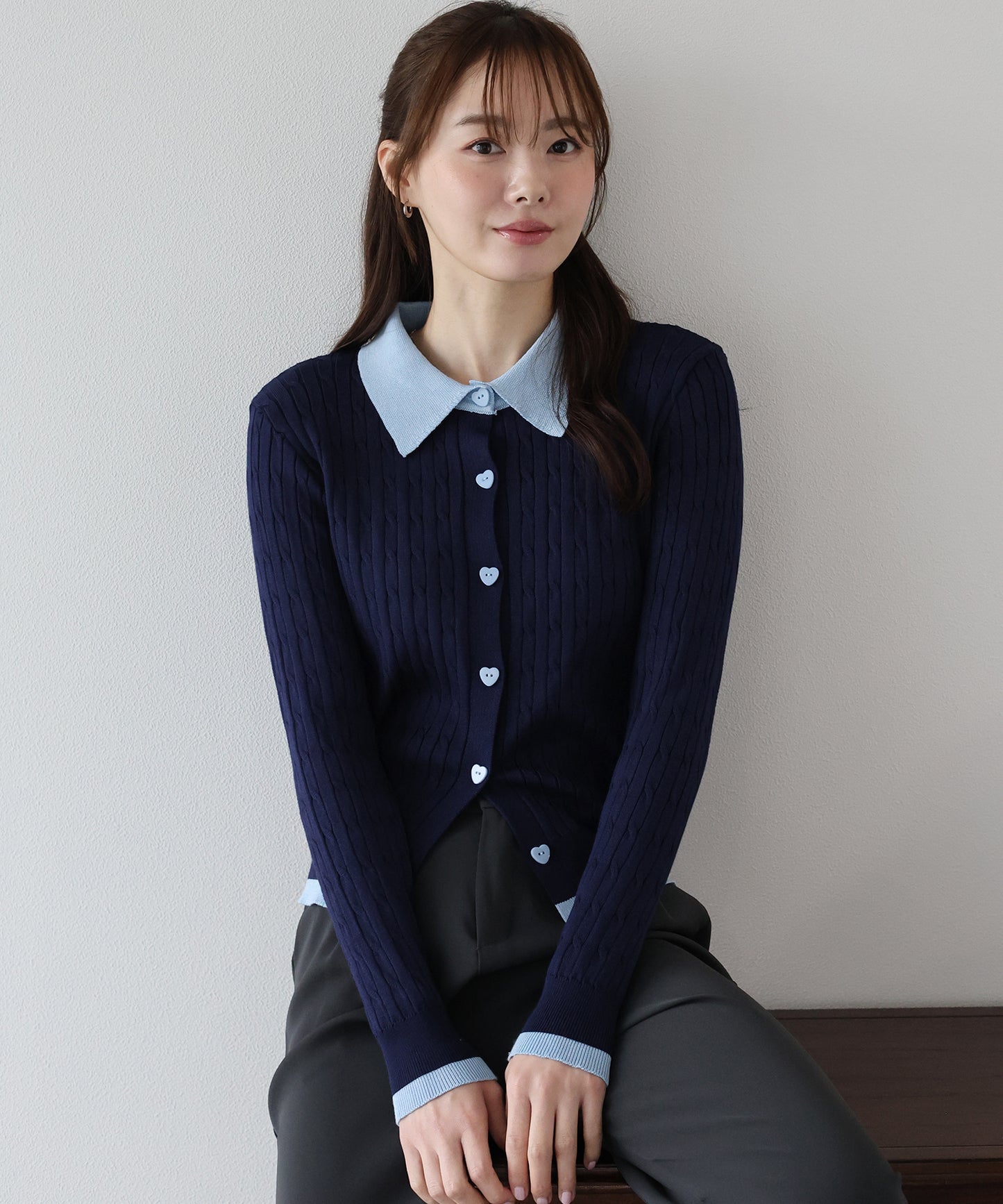 ハートボタンポロ襟カーディガン