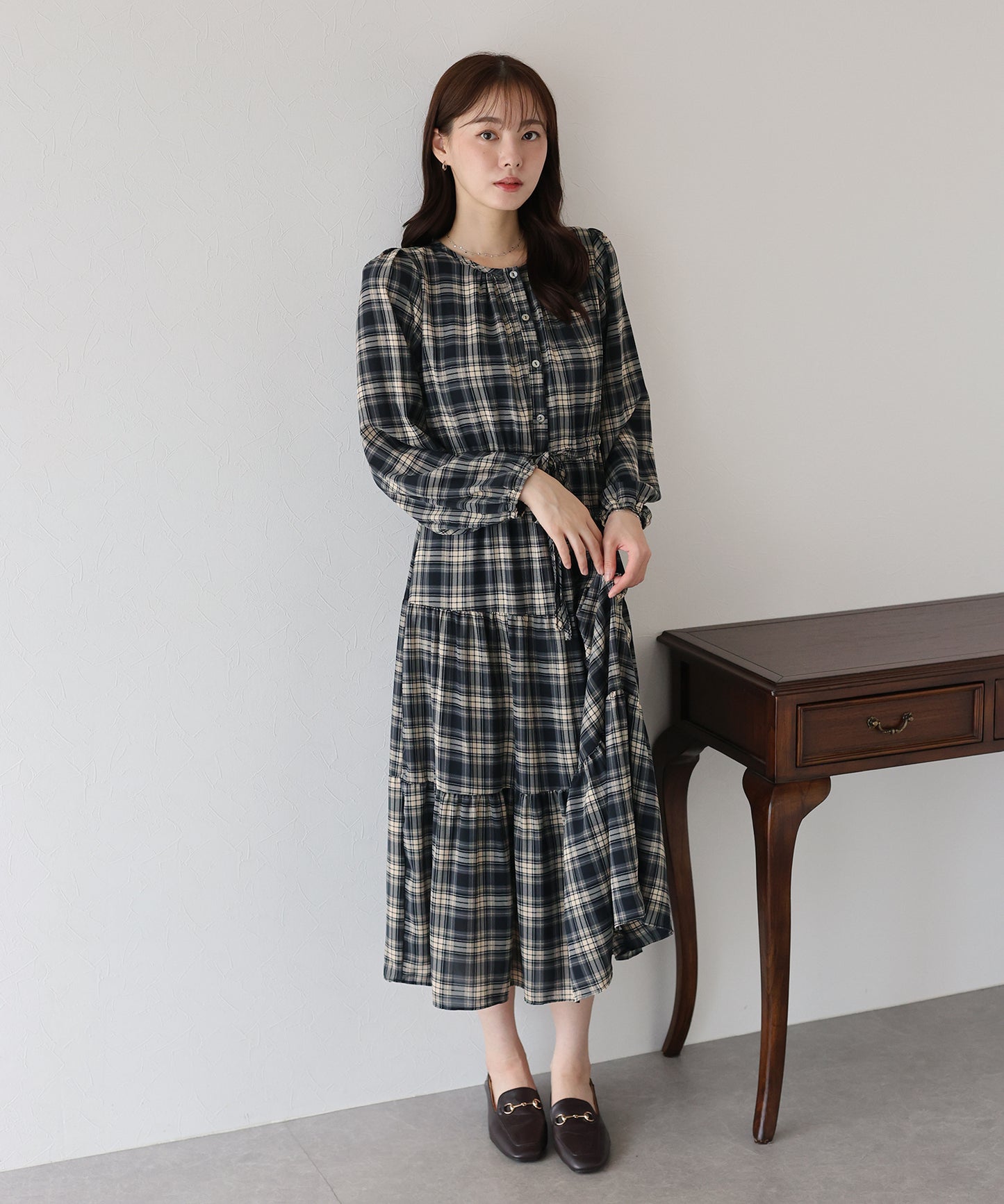【TIME SALE】チェック長袖ワンピース