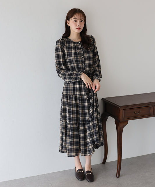 【早割5％OFF】チェック長袖ワンピース