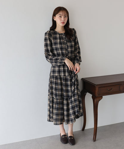 【早割5％OFF】チェック長袖ワンピース