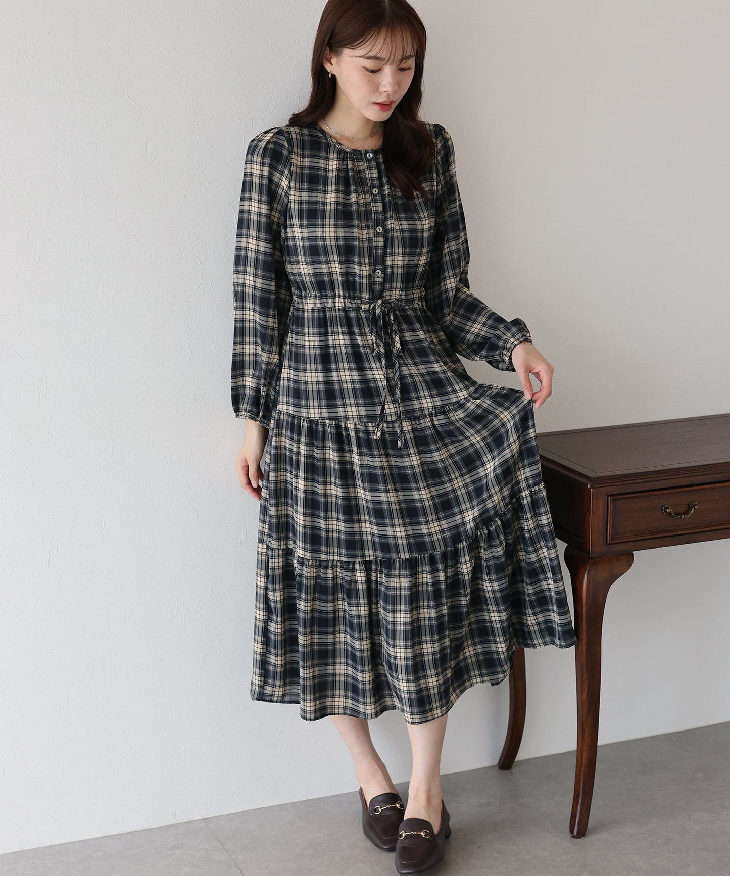 【TIME SALE】チェック長袖ワンピース