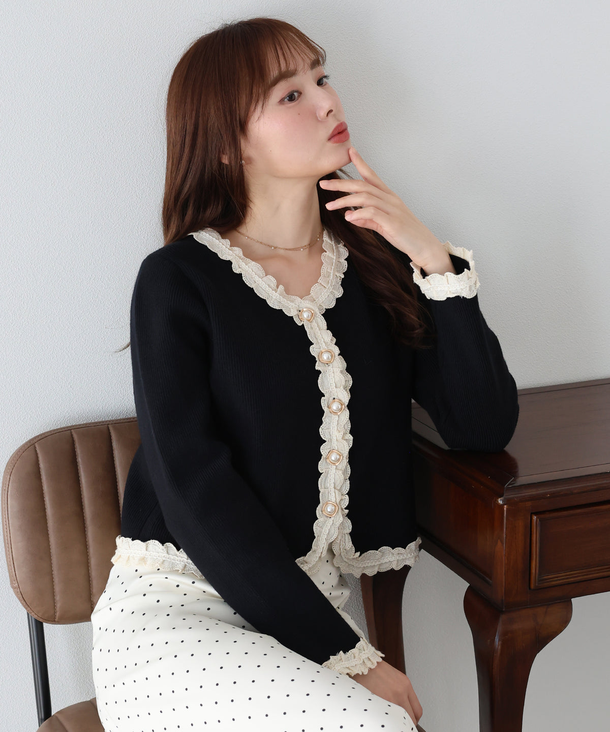 【早割5％OFF】レーストリムニットカーディガン