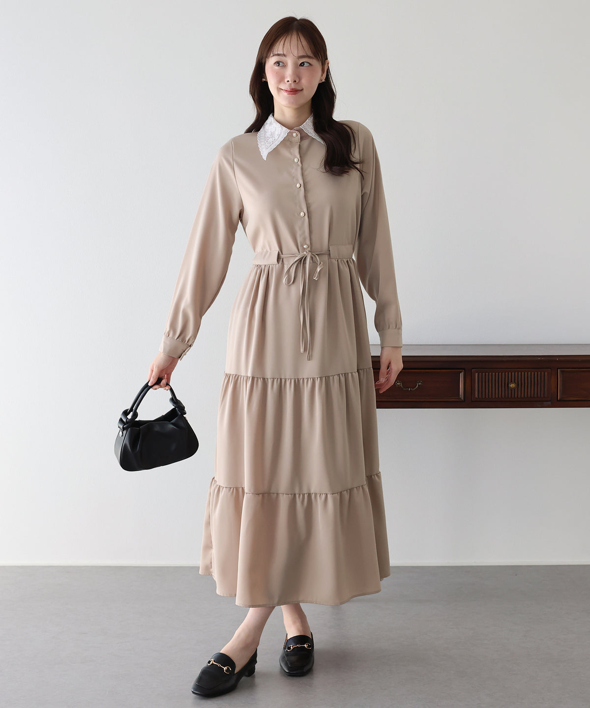 【早割5％OFF】《選べる着丈》レースカラーティアードワンピース