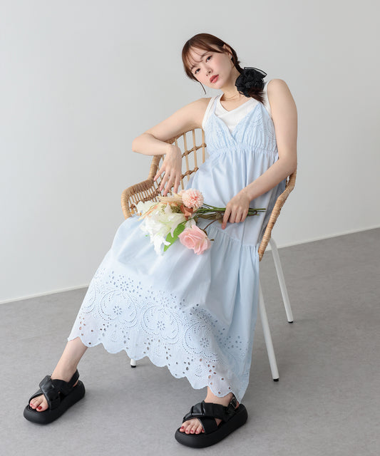 【早割5％OFF】《ショート＆ミディアム選べる着丈》コットンレースサイドリボンキャミワンピース