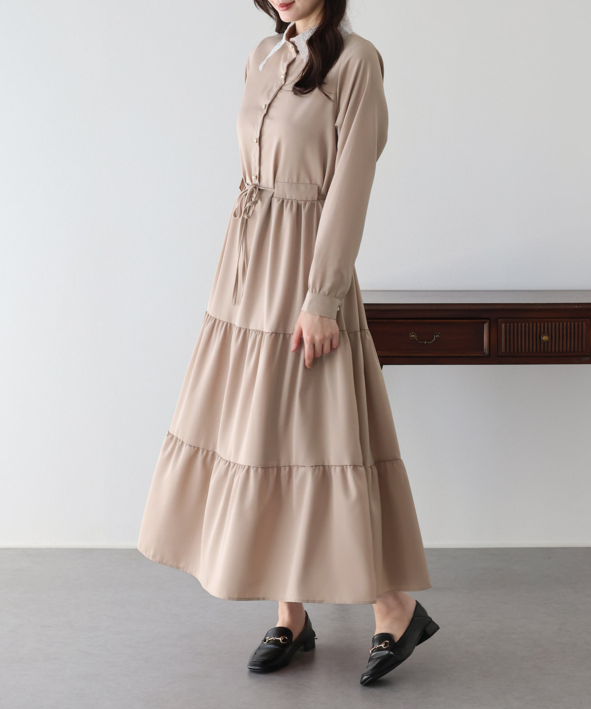 【早割5％OFF】《選べる着丈》レースカラーティアードワンピース