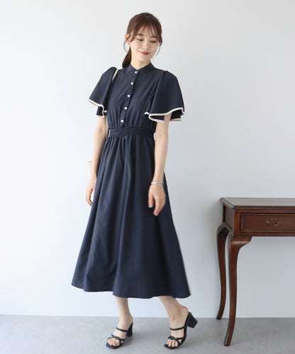 【SALE】花柄&トワルドジュイ&配色 フレアケープスリーブワンピース