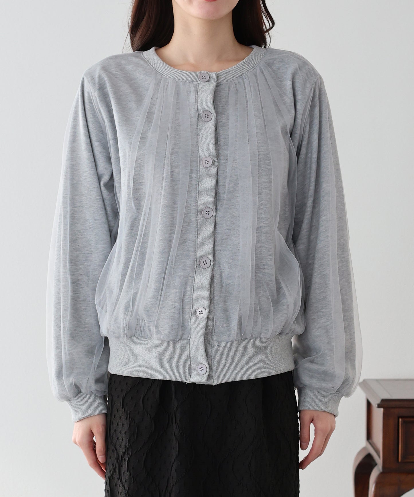 チュールレイヤードスウェットカーディガン