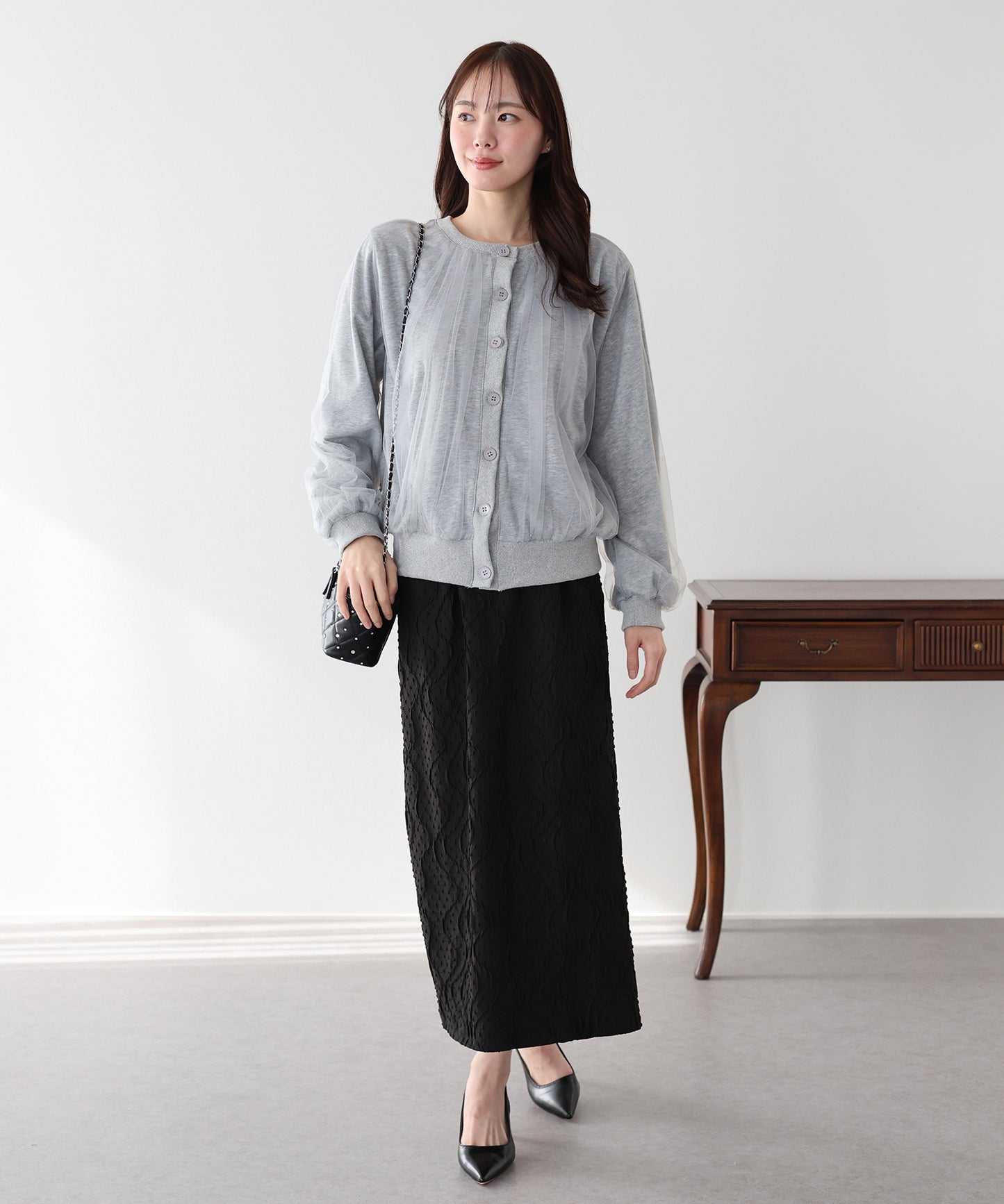 チュールレイヤードスウェットカーディガン