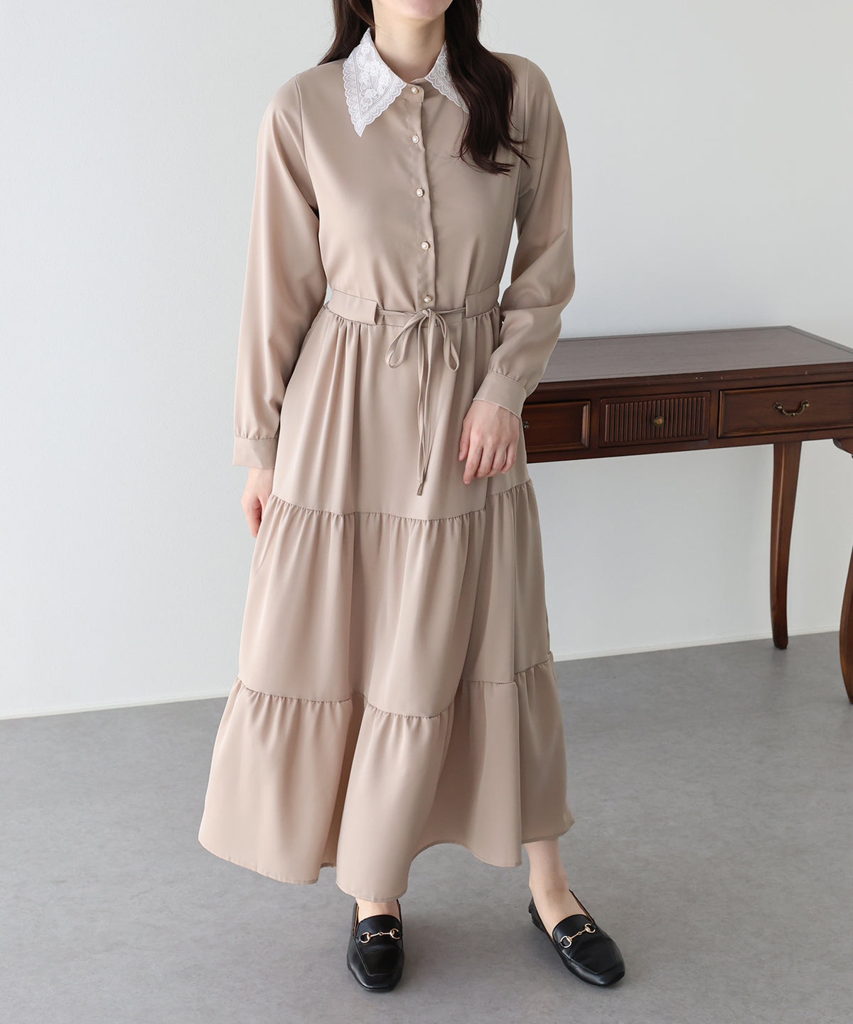 【早割5％OFF】《選べる着丈》レースカラーティアードワンピース