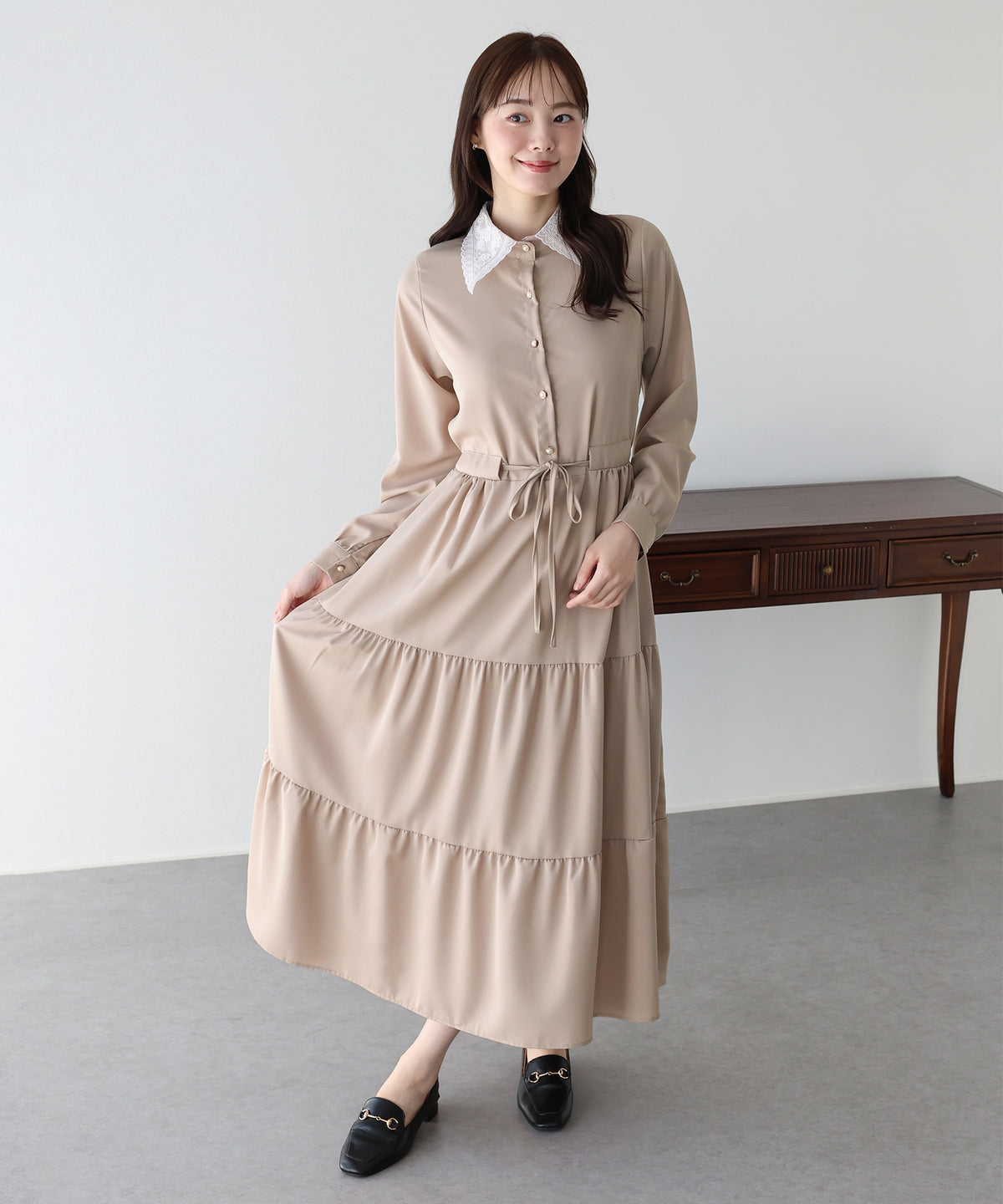 【早割5％OFF】《選べる着丈》レースカラーティアードワンピース
